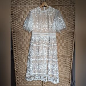 White lace over champagne fabric dress